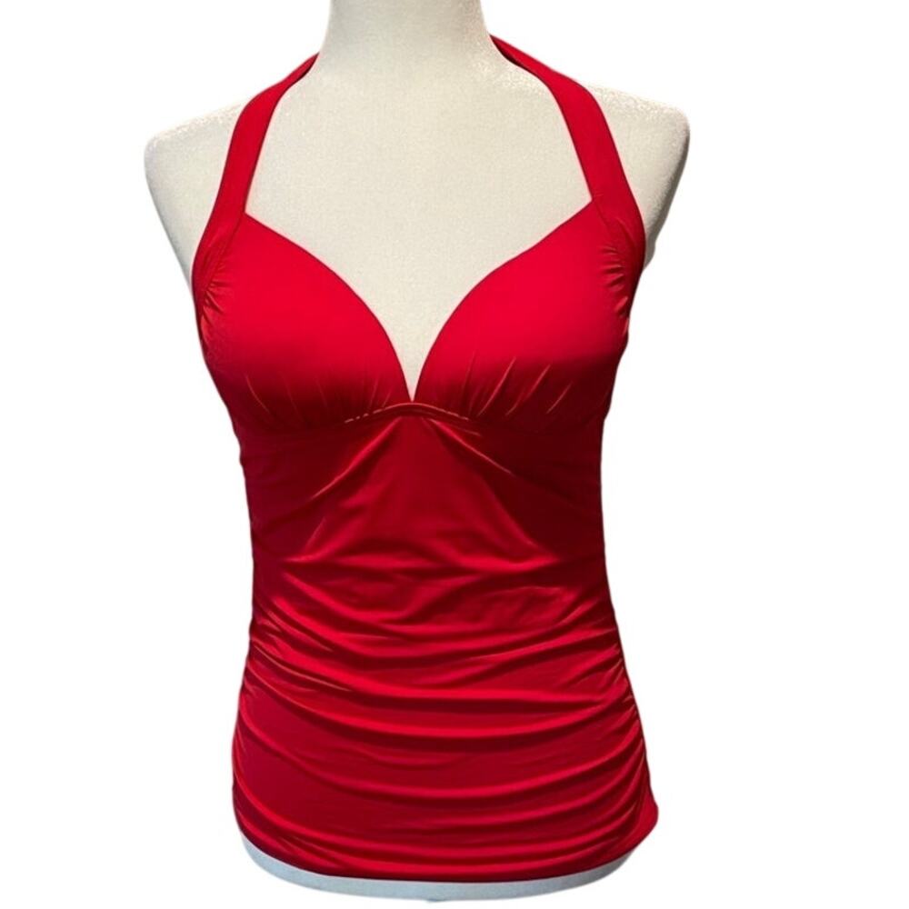 Tommy Bahama Pearl Halter Tankini Swim Top Sz M Red UPF 50 Tummy Control